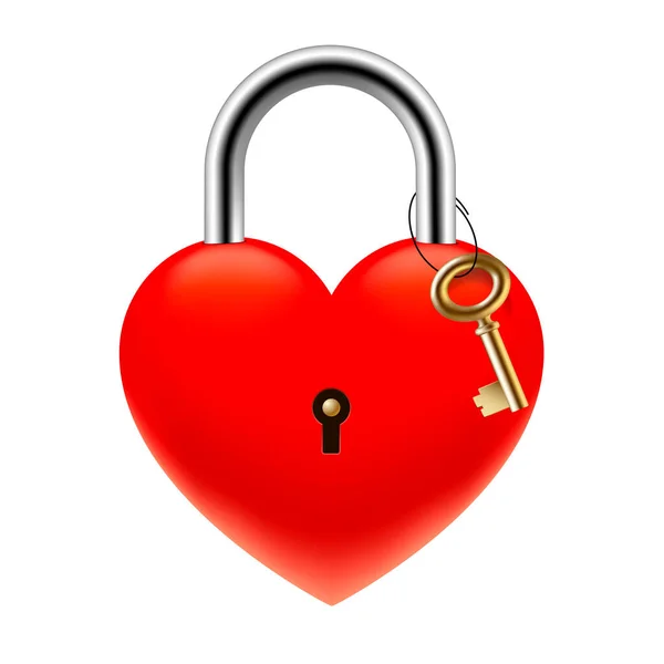 Red Heart Love Padlock Gold Key — Stock Vector