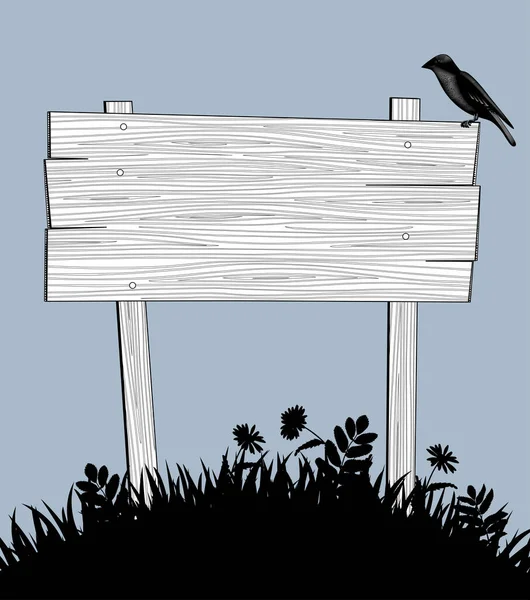 木制标志板 上面坐着一只鸟 — 图库矢量图片