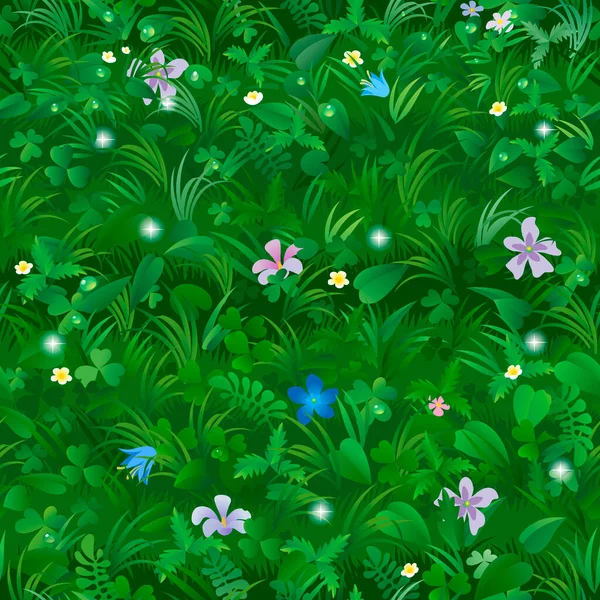 绿色草甸的无缝图案背景 植物和花朵覆盖着露水 — 图库矢量图片