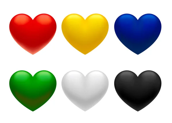 Set Von Dreidimensionalen Herzen Verschiedenen Farben Isoliert Auf Weißem Hintergrund — Stockvektor