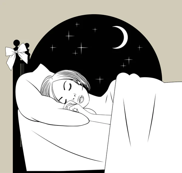 床上睡梦中金发姑娘的黑白相间的头像 — 图库矢量图片