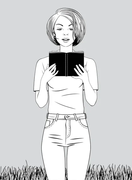 Blonde Girl Standing Grass Reading Book Holding Her Hands — Stock Vector