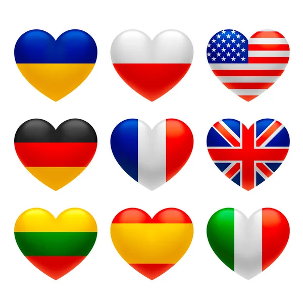 Набор Трехмерных Флагов Страны Форме Сердца Изолированы Белом Фоне — стоковый вектор