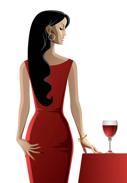 黒い髪とテーブルの上に赤ワインのガラスと赤いドレスの魅力的な女性が立っています ベクターイラスト — ストックベクタ
