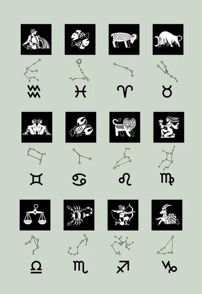 Set Von Tierkreiszeichen Zeichen Und Sternbildern Schwarz Und Weiß — Stockvektor