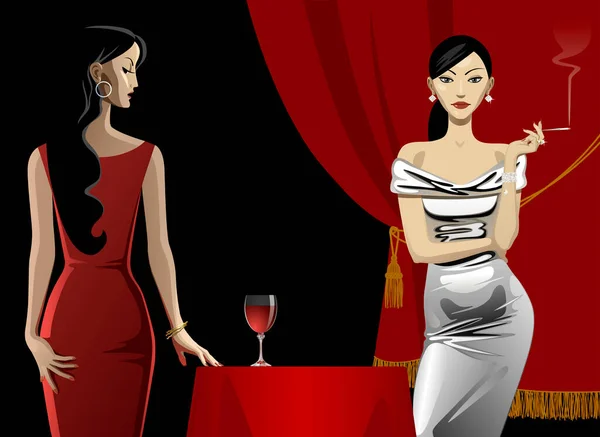 Glamorösa Kvinnor Aftonklänningar Med Glas Rött Vin Och Röd Gardin — Stock vektor