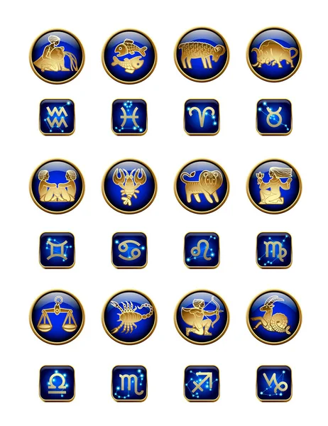 白に分離された星座 黄道記号付きの金と青のアイコンのセット — ストックベクタ