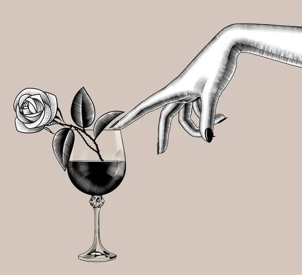 Mano Femminile Tocca Con Dito Bicchiere Vino Con Una Rosa — Vettoriale Stock