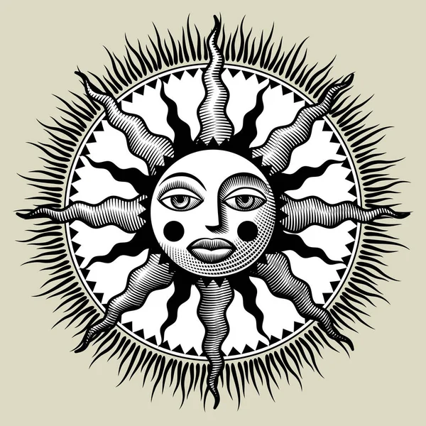 Gravure Vintage Dessin Stylisé Symbole Décoratif Rond Soleil Avec Visage — Image vectorielle