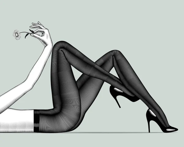 Ноги Лежащей Женщины Темных Колготках Блестящие Черные Туфли Высоком Каблуке — стоковый вектор