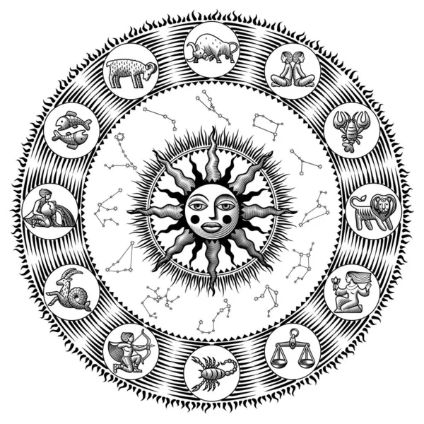 Grawerowanie Vintage Stylizowane Rysunek Koła Zodiaku Słońcem Znaki Zodiakalne Konstelacje — Wektor stockowy