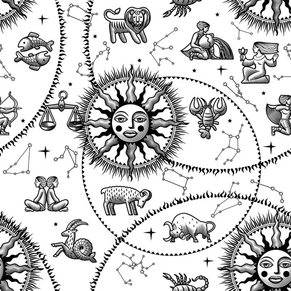 Zodiac Αδιάλειπτη Μοτίβο Φόντο Τον Ήλιο Σημάδια Και Τους Αστερισμούς — Διανυσματικό Αρχείο