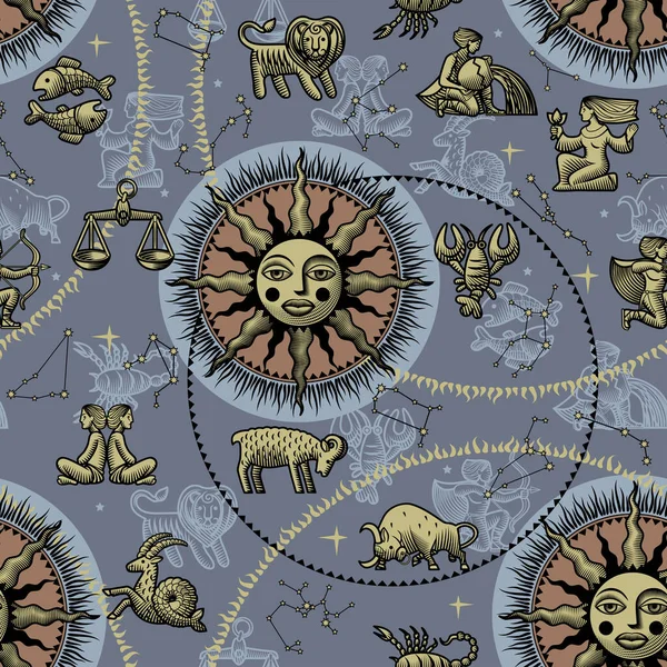 Zodiac Sem Costura Fundo Padrão Com Sol Sinais Constelações —  Vetores de Stock
