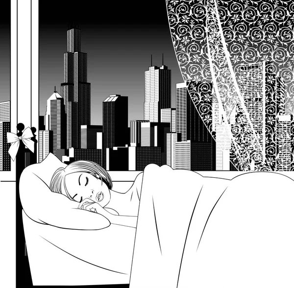 一个正在睡觉的金发姑娘在窗边俯瞰现代城市的卧床妇女的笔直的黑白画 — 图库矢量图片