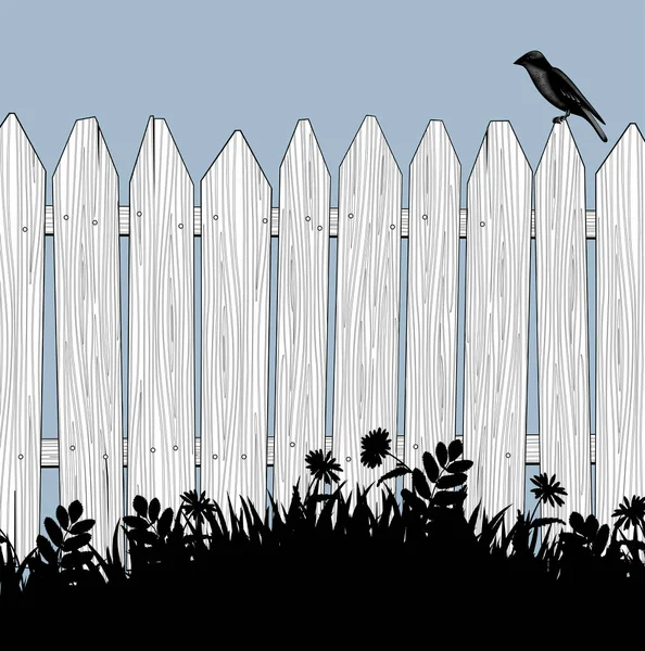 Ένα Ξύλινο Φράχτη Ένα Πουλί Κάθεται Πάνω Του Και Μαύρη — Διανυσματικό Αρχείο