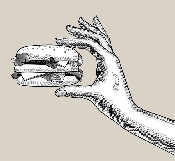 Rytá Archivní Kresba Ženské Ruky Držící Prstech Hamburger — Stockový vektor