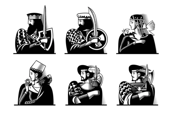 Ігрові Картки Символів Чорно Білому Вінтажному Гравюрі — стоковий вектор
