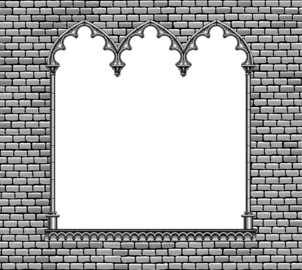 Engraved vintage drawing of a classic gothic architectural decorative frame on a brick wall background