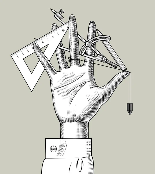 指の間のデザインの仕事のための鉛筆 分周器 定規と女性の手 — ストックベクタ
