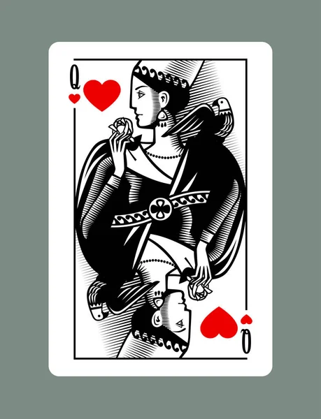 Королева Играет Карты Червей Костюм Винтажной Гравировки Стиль Рисунок — стоковый вектор