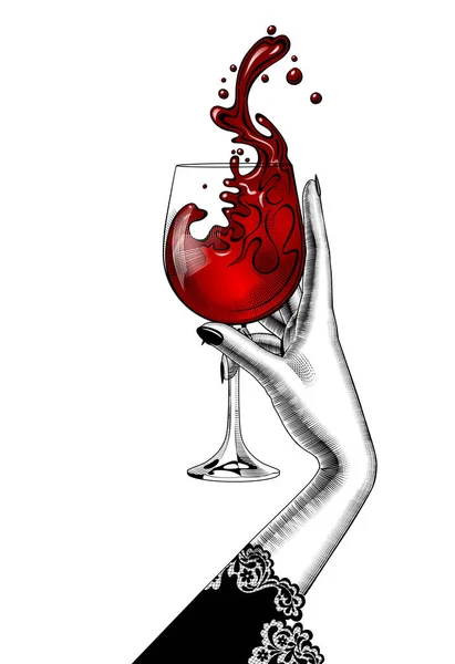 Female Hand Holding Glass Splashed Red Wine — Stock Vector
