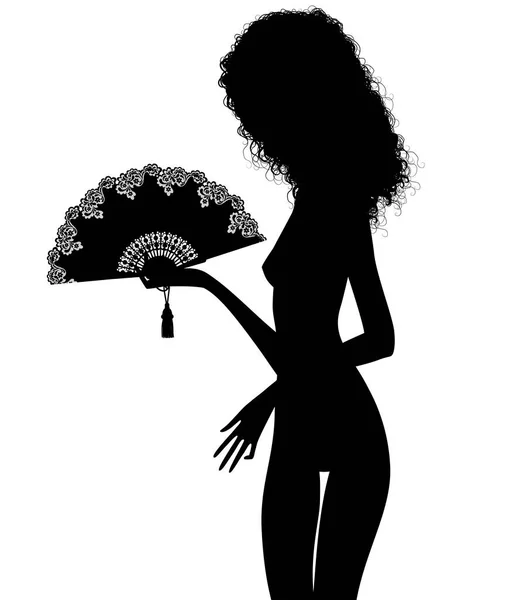Silueta Negra Una Chica Desnuda Con Abanico Abierto Mano Aislado — Archivo Imágenes Vectoriales