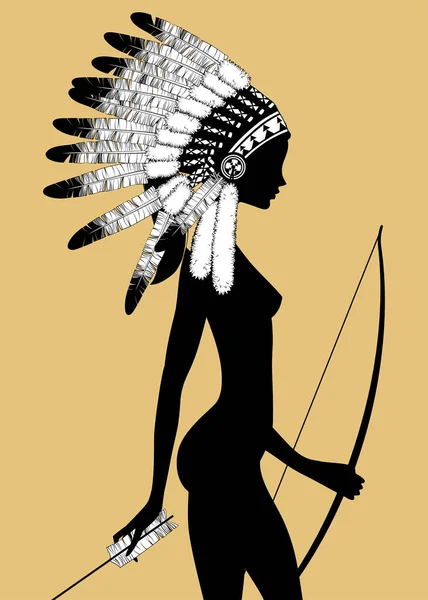 Черный Силуэт Обнаженной Девушки Традиционном Головном Уборе Коренных Американцев Луком — стоковый вектор