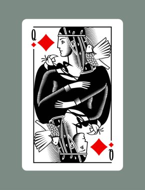 Queen playing card of Diamonds suit in vintage engraving drawing style clipart