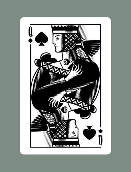 Queen Playing Card Spades Suit Vintage Engraving Drawing Style — Stock Vector