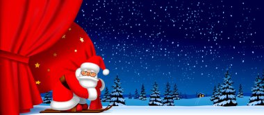 Kırmızı perde ve Noel Baba 'ya kayakla gitmek. Büyük kırmızı bir çuval taşıyarak. Karda bir ormanın olduğu kış gecesine karşı.