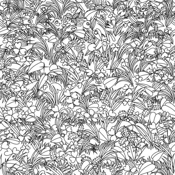 Seamless Pattern Background Meadow Plants Flowers Linear Drawing Style — Stock Vector