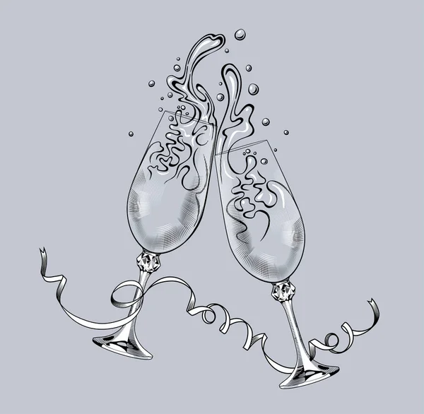 Два Звона Бокалов Шампанским Змеиной Лентой Стиле Винтажной Гравировки — стоковый вектор