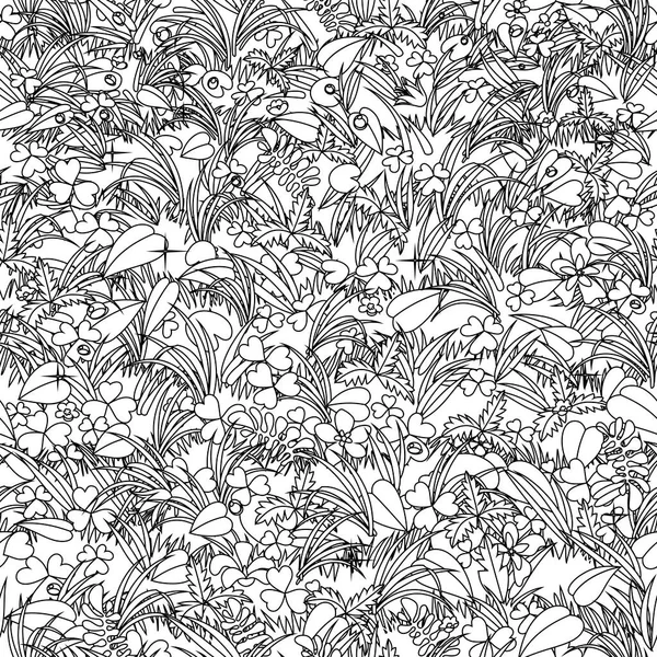 リニアデッサンスタイルの植物と花とのメドウのシームレスなパターン背景 ロイヤリティフリーストックベクター