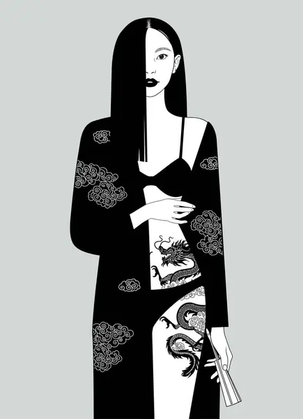 黒いランジェリーのアジアの半裸の少女と彼女の腰に中国のドラゴンのタトゥーとヴィンテージの彫刻スタイルで彼女の手の折り畳まれたファン ロイヤリティフリーのストックイラスト