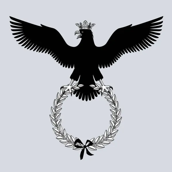 ヴィンテージ彫刻スタイルのラウレルブランチを保持する外側の翼を持つ王冠の鷲の黒いシルエット ベクターグラフィックス