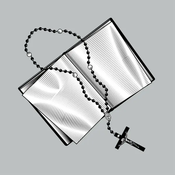Old Open Book Prayer Beads Cross Vintage Engraving Drawing Style Royalty Free Stock Illustrations