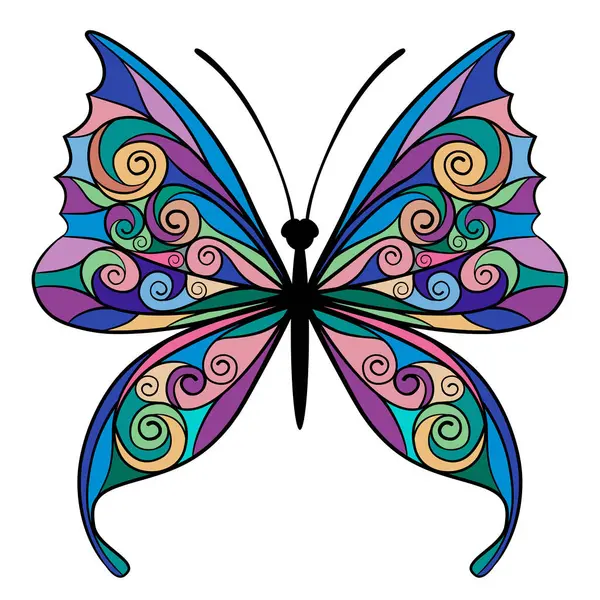 Dekorativní Motýl Barevnými Křídly Plochém Lineárním Stylu Izolovaný Bílém Stock Vektory