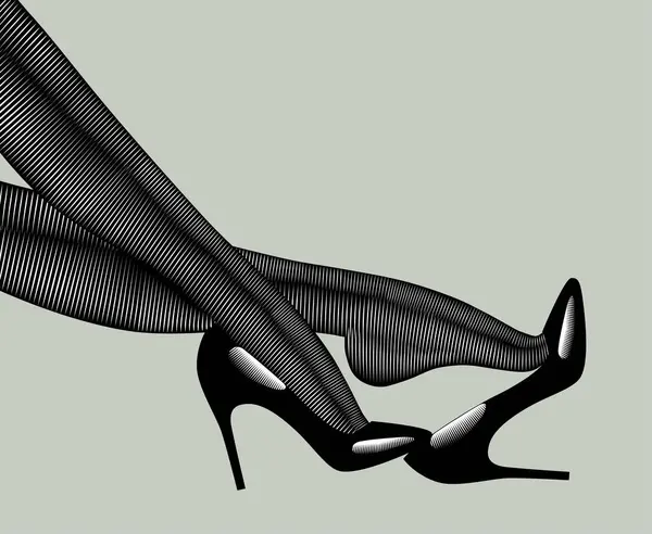 穿着深色紧身衣的女人的腿脱下闪亮的黑色高跟鞋 时尚的概念 复古版画风格的绘画 矢量说明 — 图库矢量图片