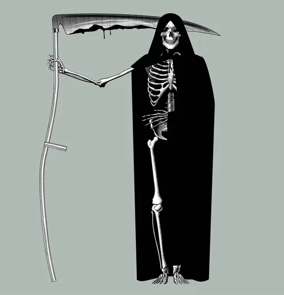 Esqueleto Escitemano Impermeable Negro Con Una Guadaña Grabado Vintage Dibujo — Vector de stock