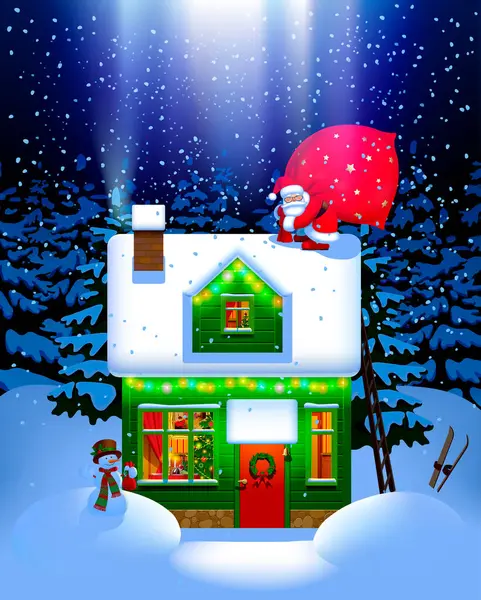 Санта Клаус Несет Большую Красную Сумку Подарками Крыше Освещенного Дома — стоковый вектор