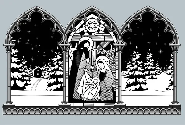Classic gothic frame with a Stained glass window of the scene of the birth of Jesus Christ and night winter forest background. Vintage engraving stylized drawing