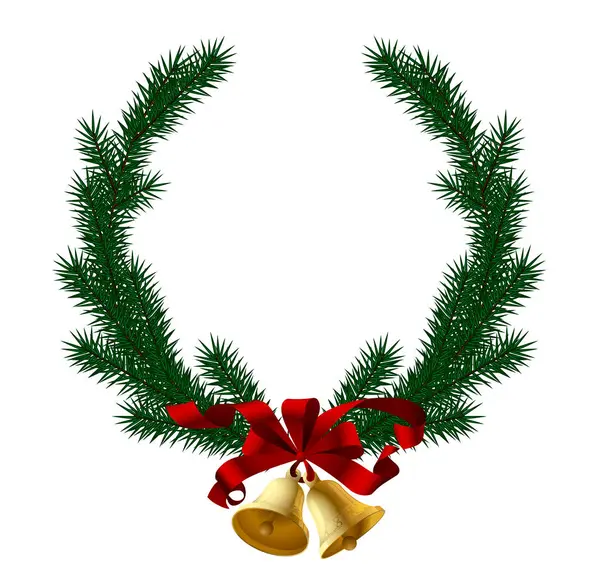 緑のスプルースの枝には金の鐘と赤いリボンが白で分離されています クリスマスと新年の装飾とグリーティングカードテンプレート ベクター ストックベクター