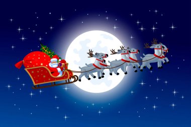 Noel Baba bir ren geyiği kızağıyla koyu mavi yıldızlı gökyüzünde parlak, yuvarlak bir ayın arka planına doğru uçuyor. Noel ve Yeni Yıl tebrik kartı. Vektör illüstrasyonu