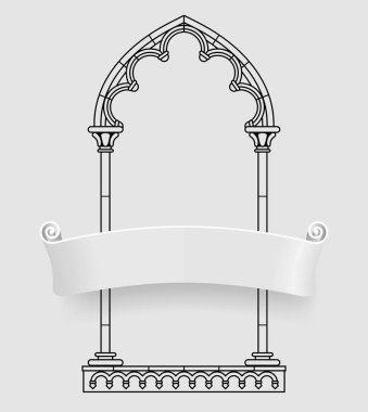 Klasik gotik mimari dekoratif çerçevenin siyah çizgisel çizimi. Gri arkaplanda beyaz üç boyutlu bir afiş var. Vektör İllüstrasyonu