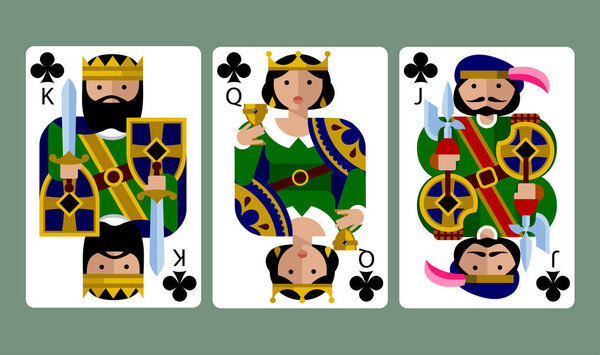 Клубы подходят игральные карты короля, королевы и Джека в смешном современном плоском стиле. Векторная иллюстрация