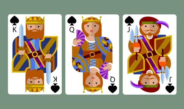 Spades Suit Playing Cards King Queen Jack Funny Modern Flat — Stock Vector
