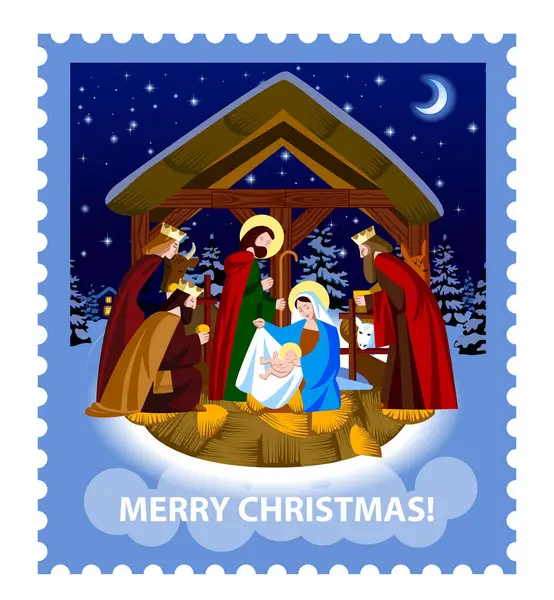Blue Christmas Postage Stamp Scene Nativity Christ Adoration Magi Night — Stock Vector