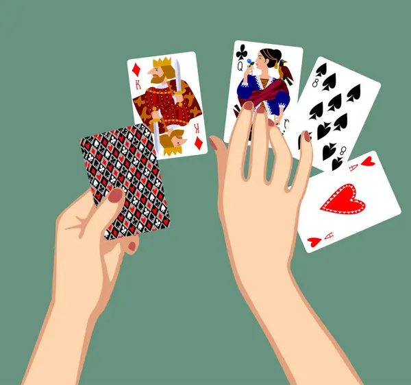 Vrouwelijke Handen Leggen Speelkaarten Neer Vectorillustratie Stockillustratie