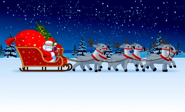 サンタクロースは 贈り物と夜の冬の風景の背景に対してトナカイの眠りに座っているクリスマスツリーと赤い袋を備えています クリスマスと新年の挨拶カード ベクトルイラスト ストックベクター