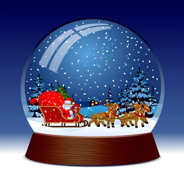Sněhová Koule Santa Clausem Sedí Sobích Saních Pozadí Noční Zimní Royalty Free Stock Vektory